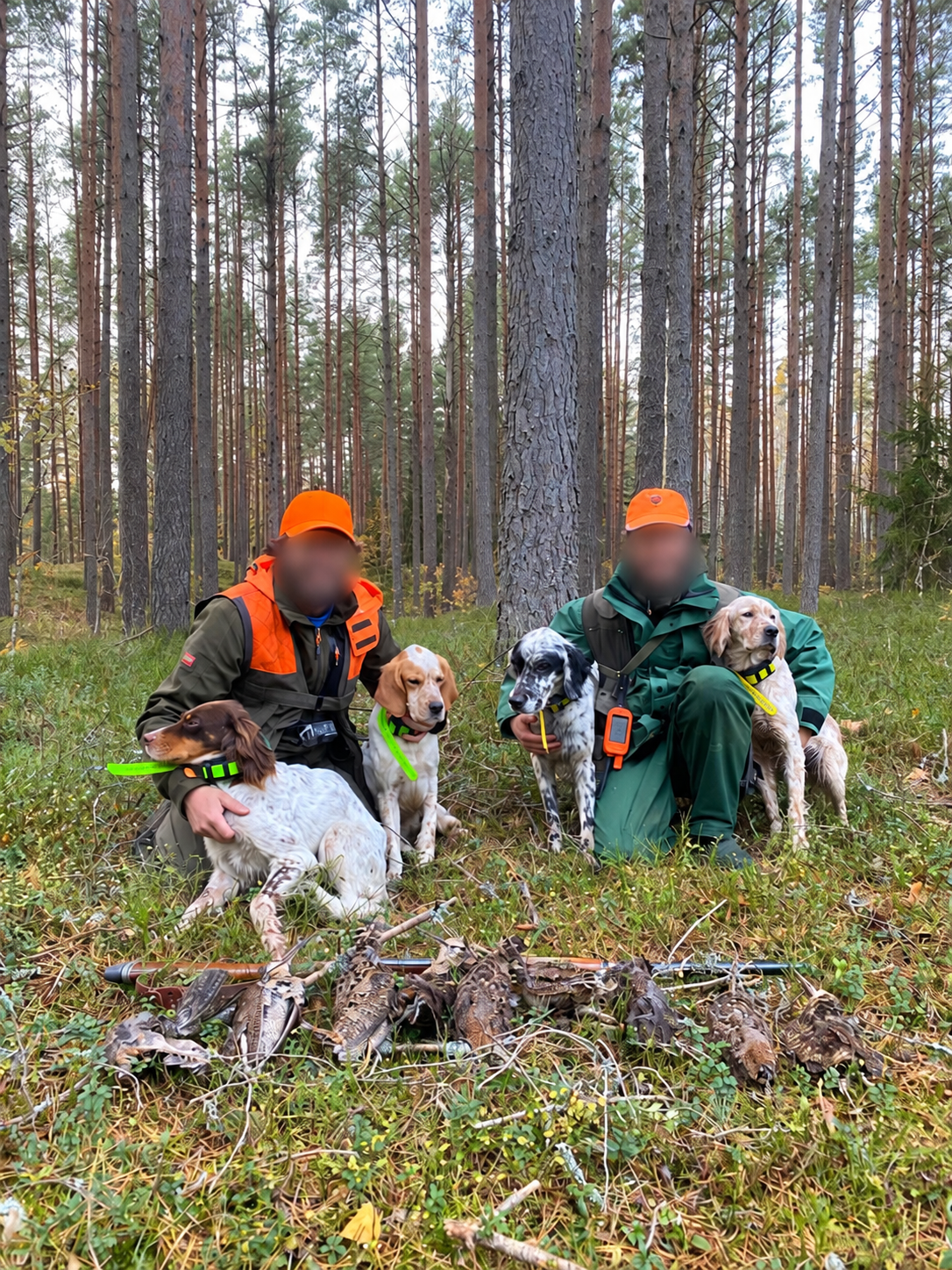 Two hunters with four dogs and woodcock after a hunt in the forest